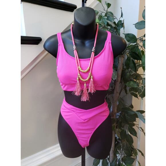 Womens 2 Piece Swimsuit Large Pink Ribbed Triangle Racerback Spaghetti Strap - Picture 1 of 6